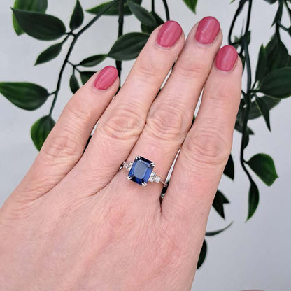 Art Deco 3.50ct Emerald Cut Sapphire Solitaire Engagement Ring with Baguette Diamonds