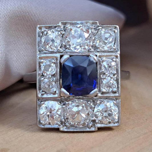 Art Deco French Sapphire and Old Cut Diamond Cluster Panel Ring
