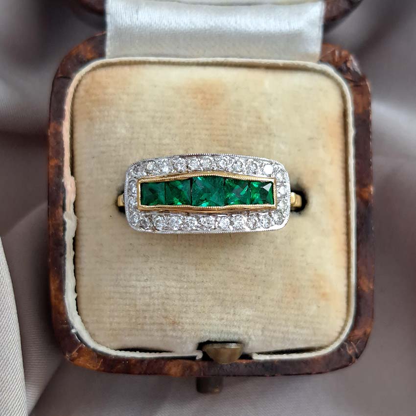 French Cut Emerald Five Stone and Diamond Cluster Band Ring