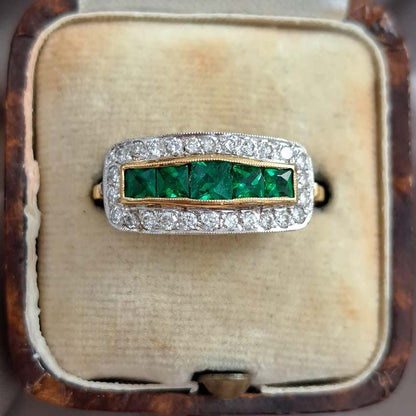 French Cut Emerald Five Stone and Diamond Cluster Band Ring