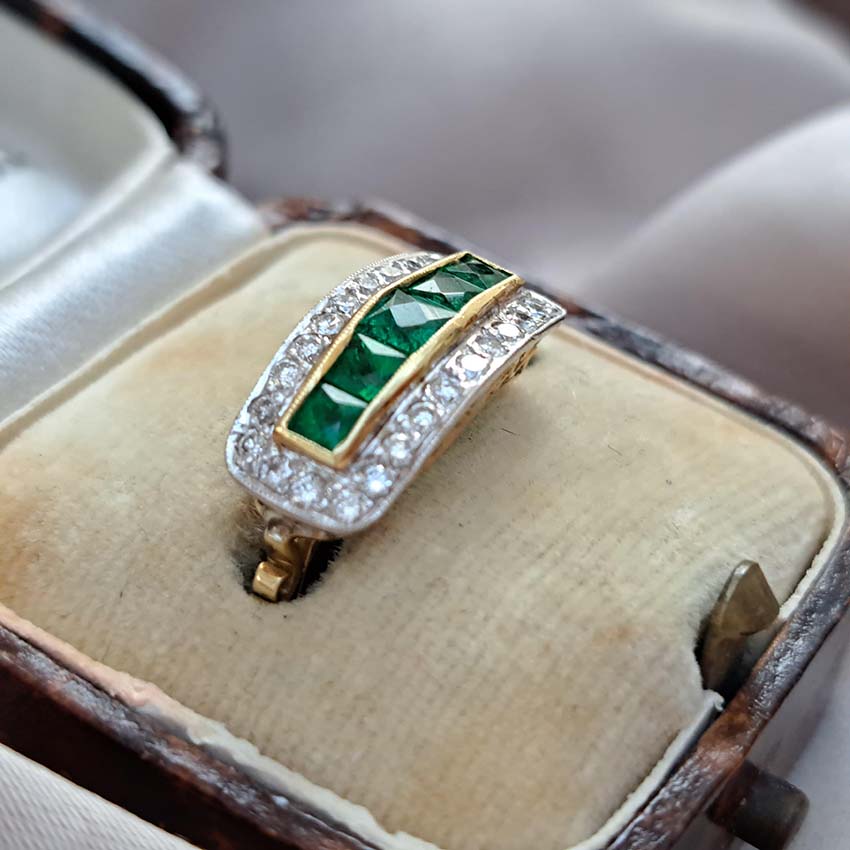 French Cut Emerald Five Stone and Diamond Cluster Band Ring