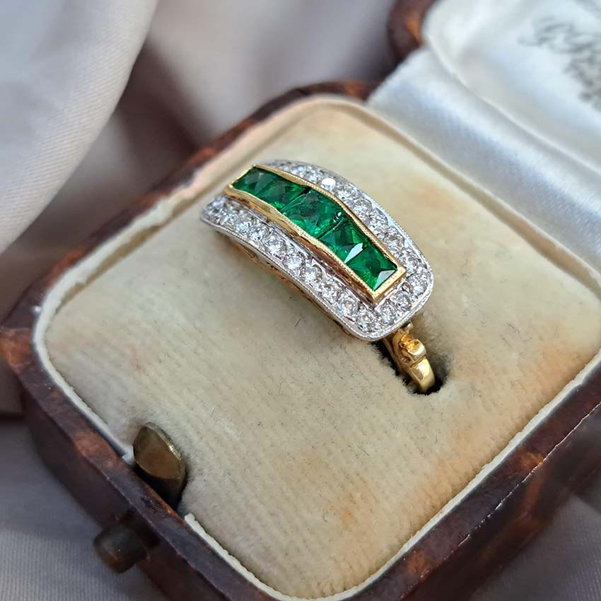 French Cut Emerald Five Stone and Diamond Cluster Band Ring