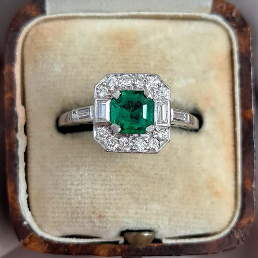 Art Deco 0.50ct Colombian Emerald and Diamond Cluster Engagement Ring