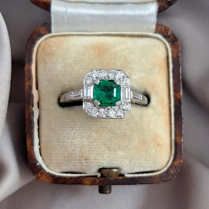 Art Deco 0.50ct Colombian Emerald and Diamond Cluster Engagement Ring