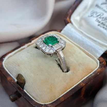 Art Deco 0.50ct Colombian Emerald and Diamond Cluster Engagement Ring