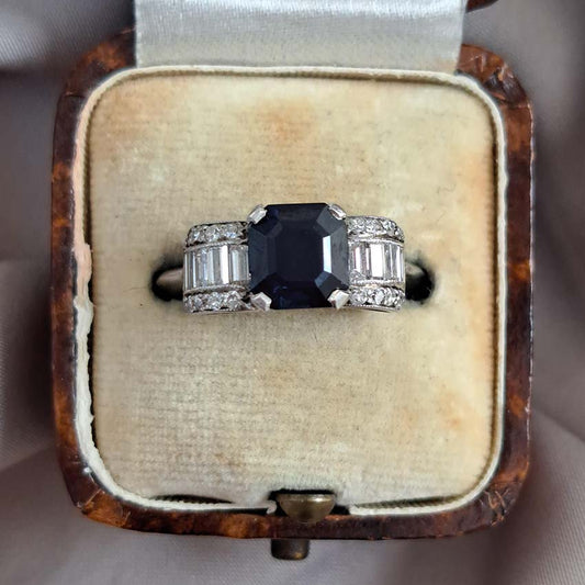 Art Deco Sapphire and Diamond Bow Design Engagement Ring