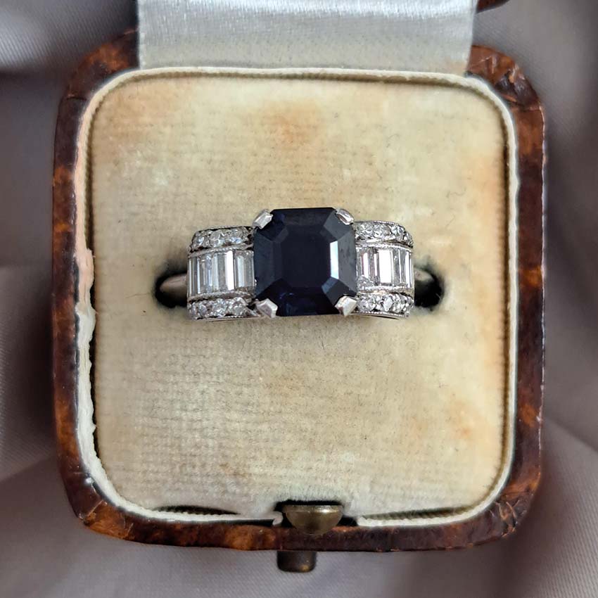 Art Deco Sapphire and Diamond Bow Design Engagement Ring