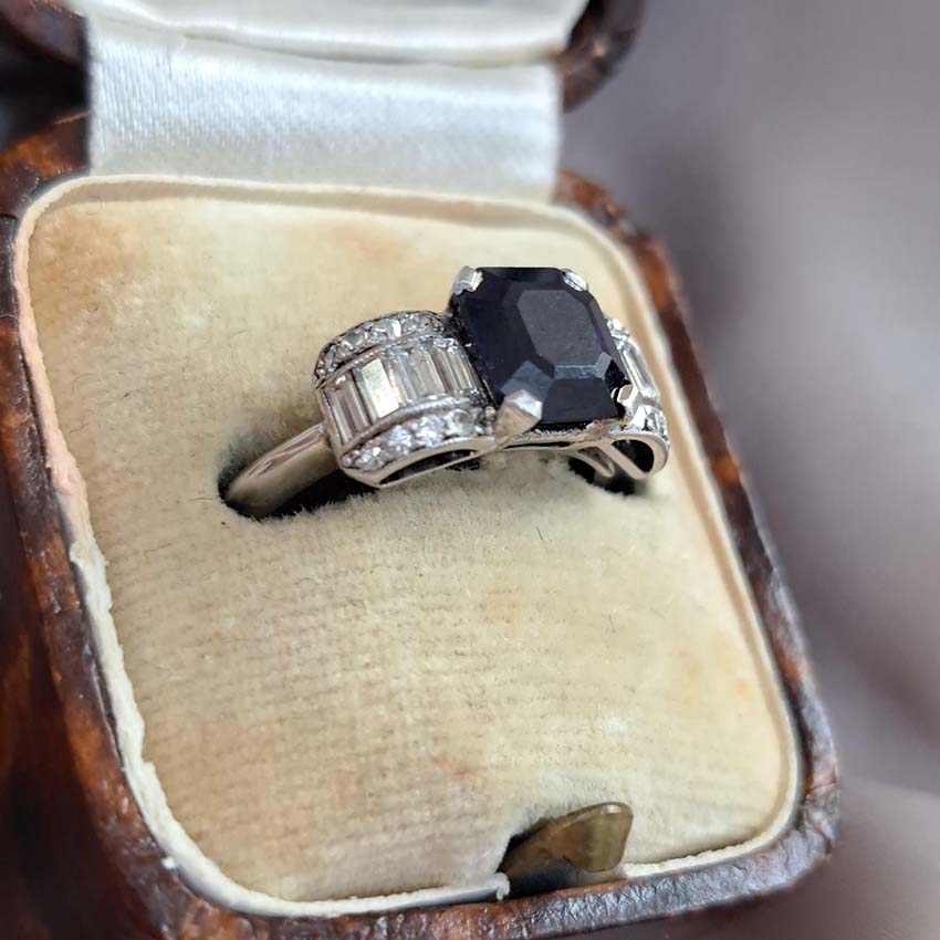 Art Deco Sapphire and Diamond Bow Design Engagement Ring