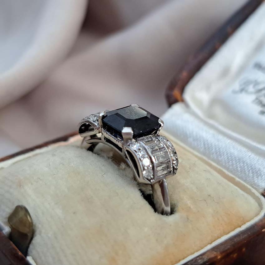Art Deco Sapphire and Diamond Bow Design Engagement Ring