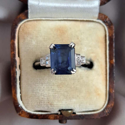 Art Deco 3.50ct Emerald Cut Sapphire Solitaire Engagement Ring with Baguette Diamonds