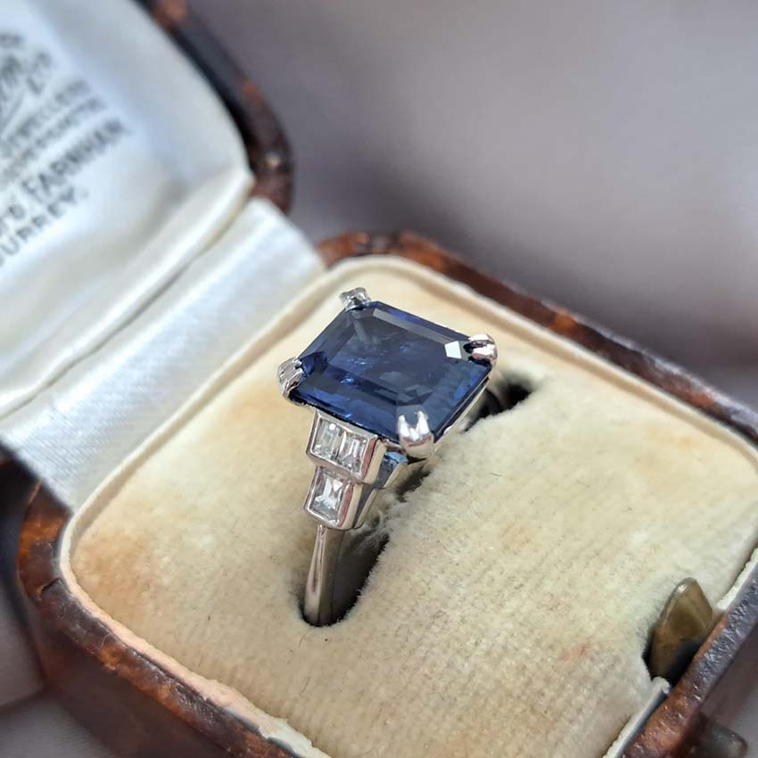 Art Deco 3.50ct Emerald Cut Sapphire Solitaire Engagement Ring with Baguette Diamonds
