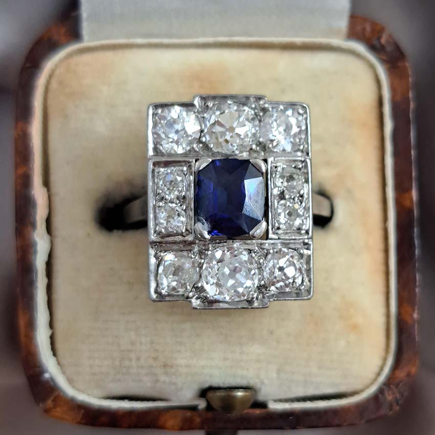 Art Deco French Sapphire and Old Cut Diamond Cluster Panel Ring