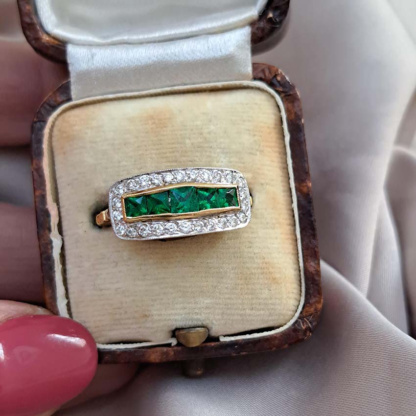 French Cut Emerald Five Stone and Diamond Cluster Band Ring