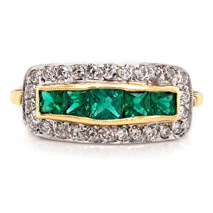French Cut Emerald Five Stone and Diamond Cluster Band Ring