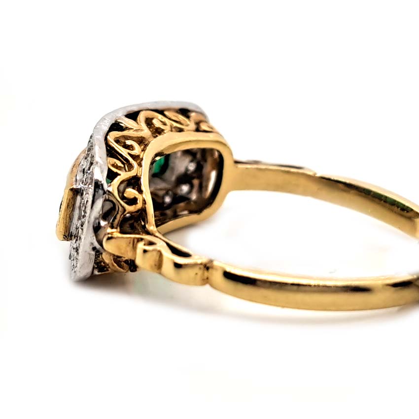 French Cut Emerald Five Stone and Diamond Cluster Band Ring