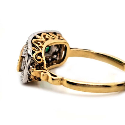 French Cut Emerald Five Stone and Diamond Cluster Band Ring