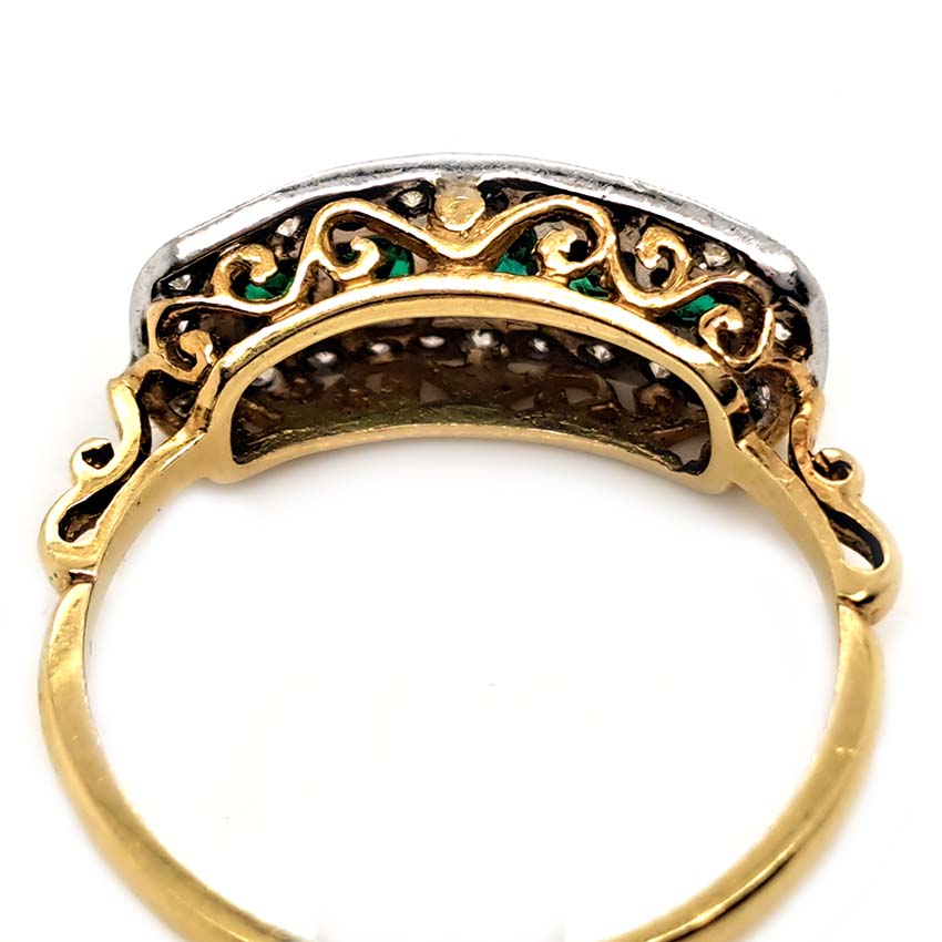 French Cut Emerald Five Stone and Diamond Cluster Band Ring