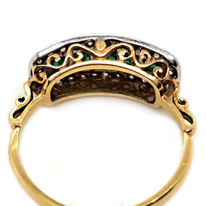 French Cut Emerald Five Stone and Diamond Cluster Band Ring