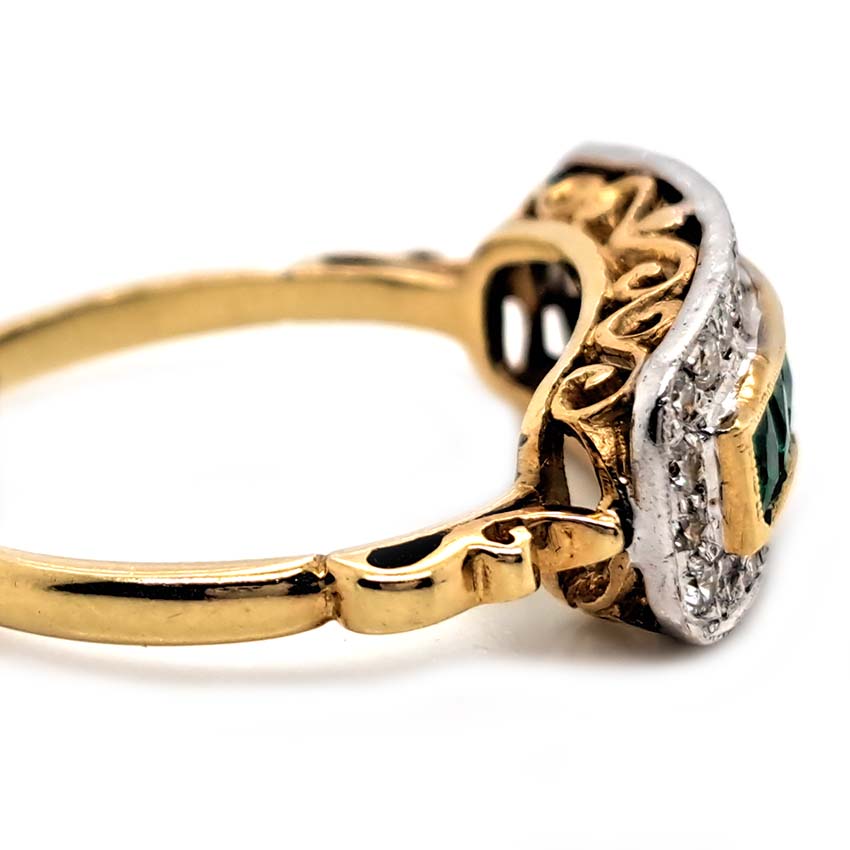 French Cut Emerald Five Stone and Diamond Cluster Band Ring