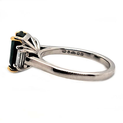 2.12ct Emerald Cut Emerald and Baguette Diamond Trilogy Ring