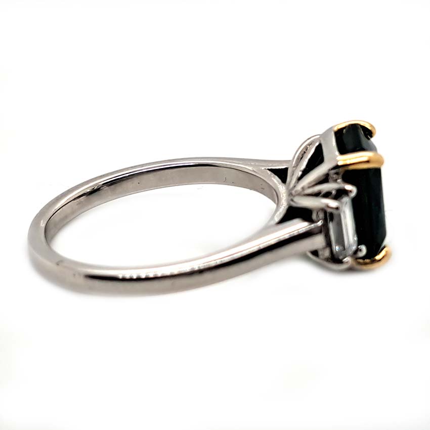 2.12ct Emerald Cut Emerald and Baguette Diamond Trilogy Ring