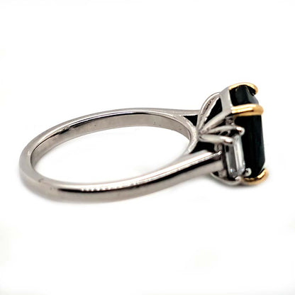 2.12ct Emerald Cut Emerald and Baguette Diamond Trilogy Ring