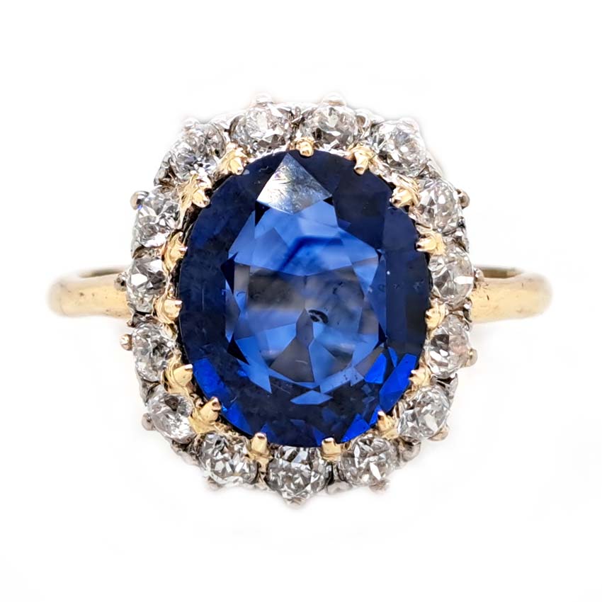 Antique Royal Blue Sapphire and Old Cut Diamond Cluster Engagement Ring