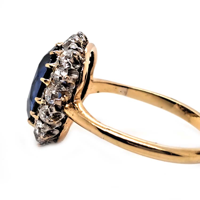 Antique Royal Blue Sapphire and Old Cut Diamond Cluster Engagement Ring