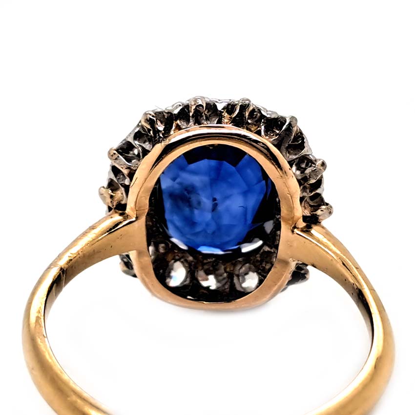 Antique Royal Blue Sapphire and Old Cut Diamond Cluster Engagement Ring