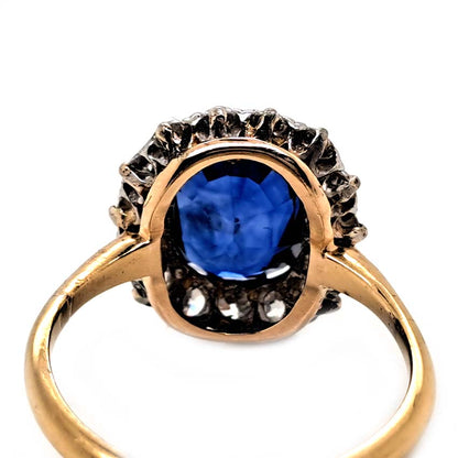 Antique Royal Blue Sapphire and Old Cut Diamond Cluster Engagement Ring