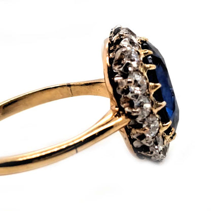 Antique Royal Blue Sapphire and Old Cut Diamond Cluster Engagement Ring