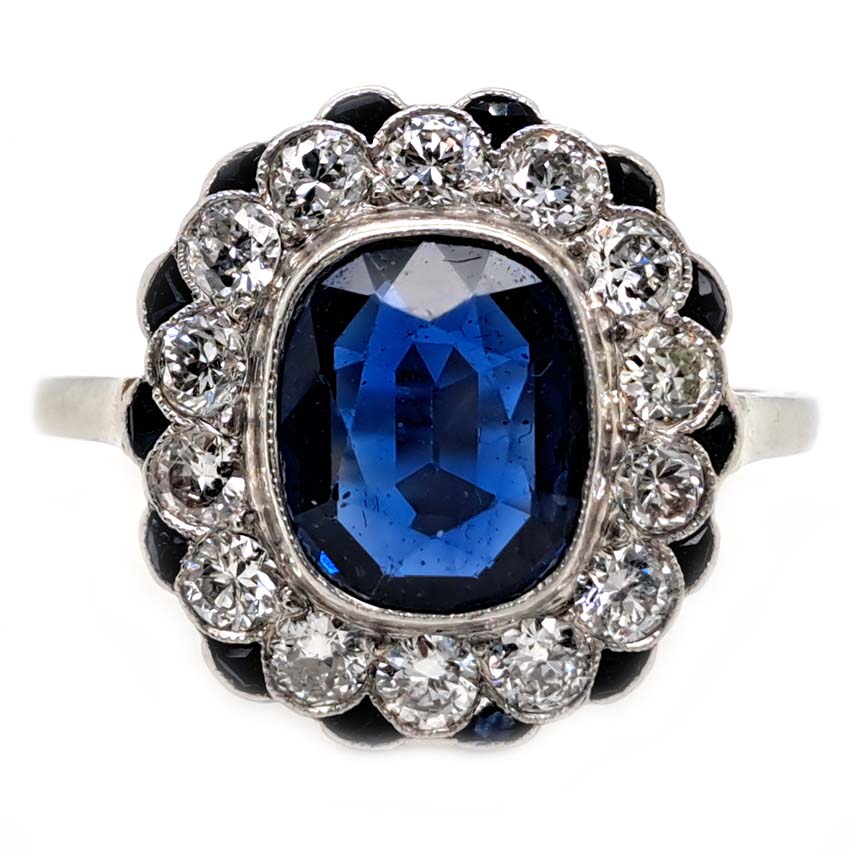 Vintage 2ct Sapphire and Diamond Cluster Ring, Circa 1940s