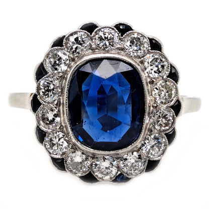 Vintage 2ct Sapphire and Diamond Cluster Ring, Circa 1940s