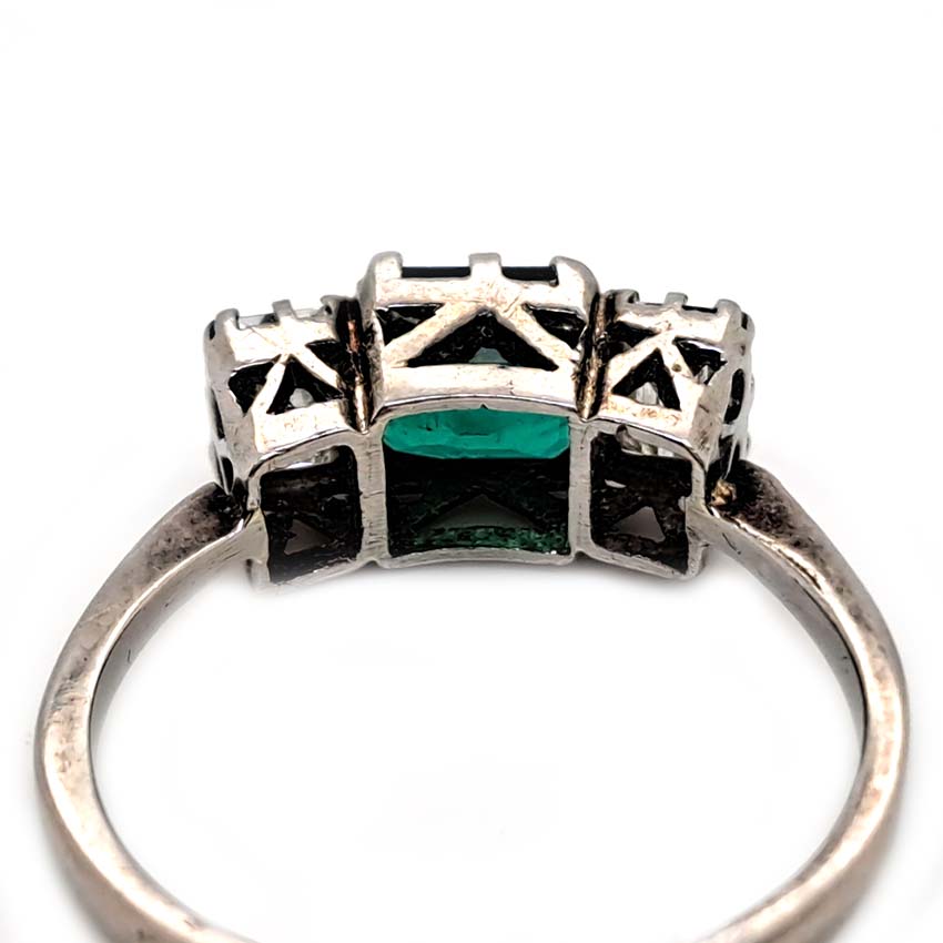 Art Deco Emerald and Baguette Diamond Trilogy Engagement Ring