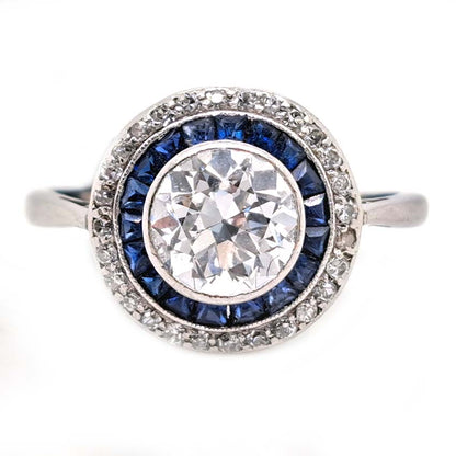 Art Deco 1.25ct Old Cut Diamond and Sapphire Target Cluster Engagement Ring