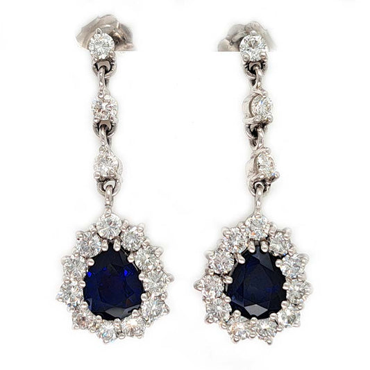 Vintage Pear Cut Royal Blue Sapphire and Diamond Cluster Drop Earrings