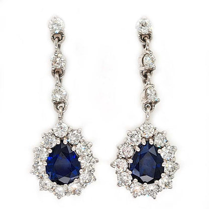 Vintage Pear Cut Royal Blue Sapphire and Diamond Cluster Drop Earrings