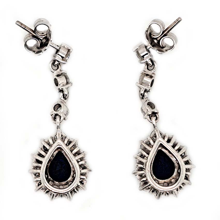 Vintage Pear Cut Royal Blue Sapphire and Diamond Cluster Drop Earrings