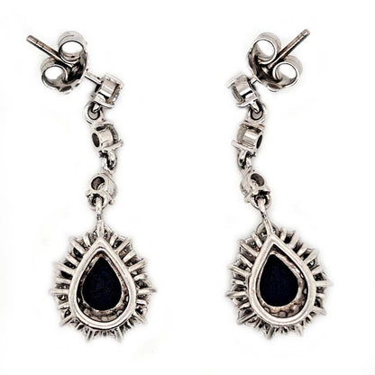 Vintage Pear Cut Royal Blue Sapphire and Diamond Cluster Drop Earrings