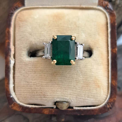 2.12ct Emerald Cut Emerald and Baguette Diamond Trilogy Ring