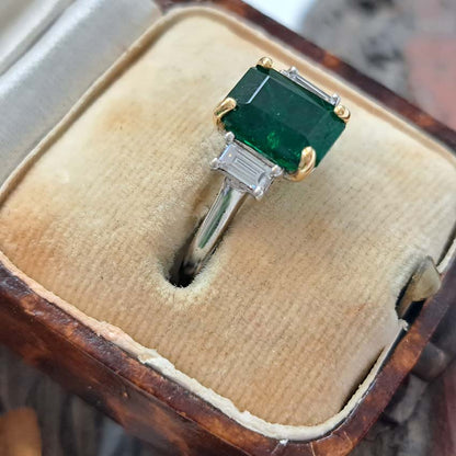 2.12ct Emerald Cut Emerald and Baguette Diamond Trilogy Ring