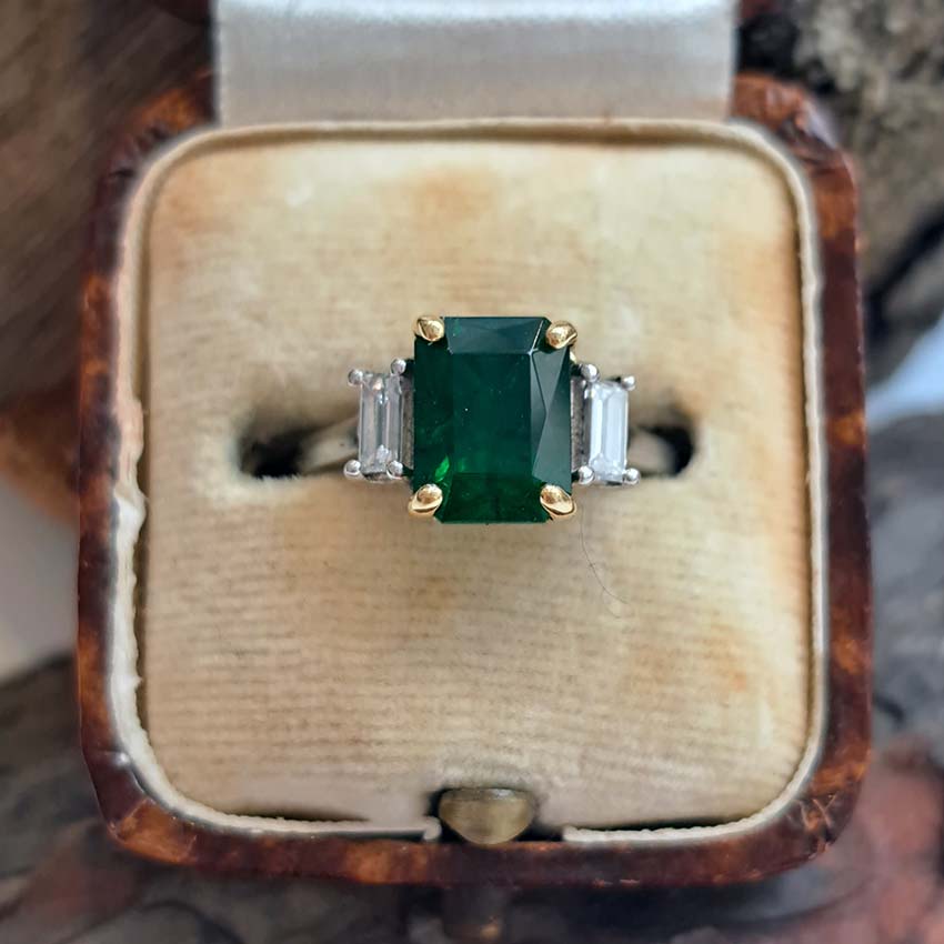2.12ct Emerald Cut Emerald and Baguette Diamond Trilogy Ring