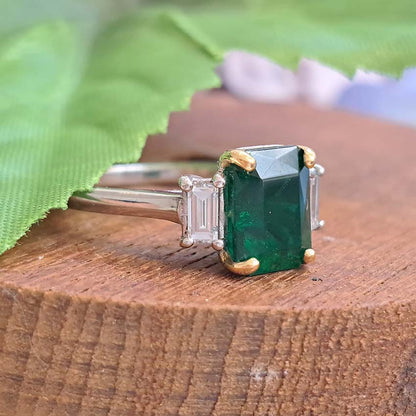 2.12ct Emerald Cut Emerald and Baguette Diamond Trilogy Ring