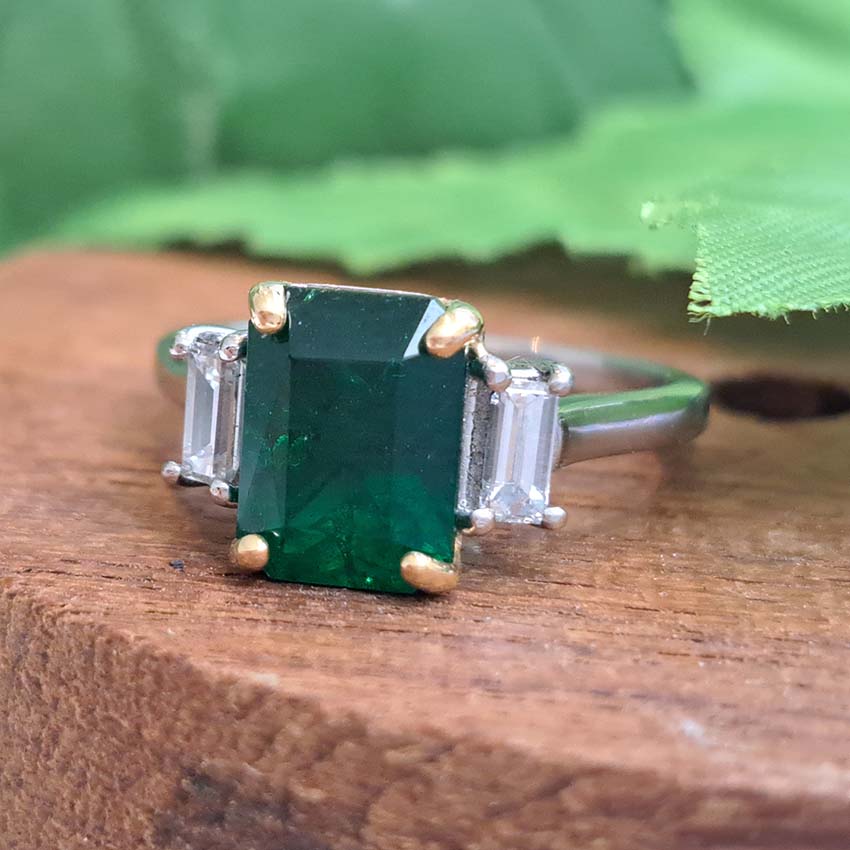 2.12ct Emerald Cut Emerald and Baguette Diamond Trilogy Ring