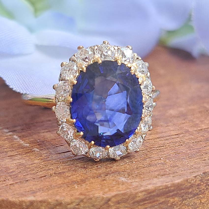 Antique Royal Blue Sapphire and Old Cut Diamond Cluster Engagement Ring