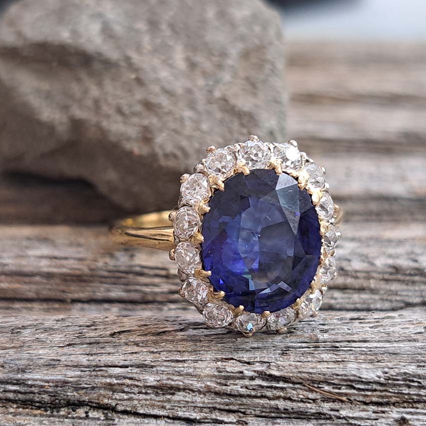 Antique Royal Blue Sapphire and Old Cut Diamond Cluster Engagement Ring