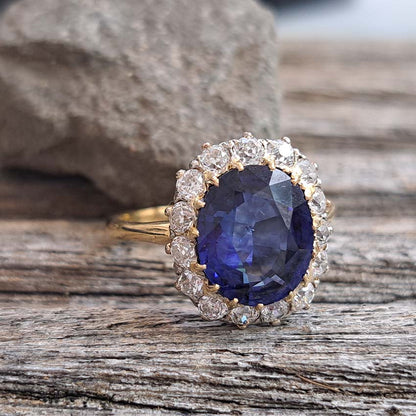 Antique Royal Blue Sapphire and Old Cut Diamond Cluster Engagement Ring