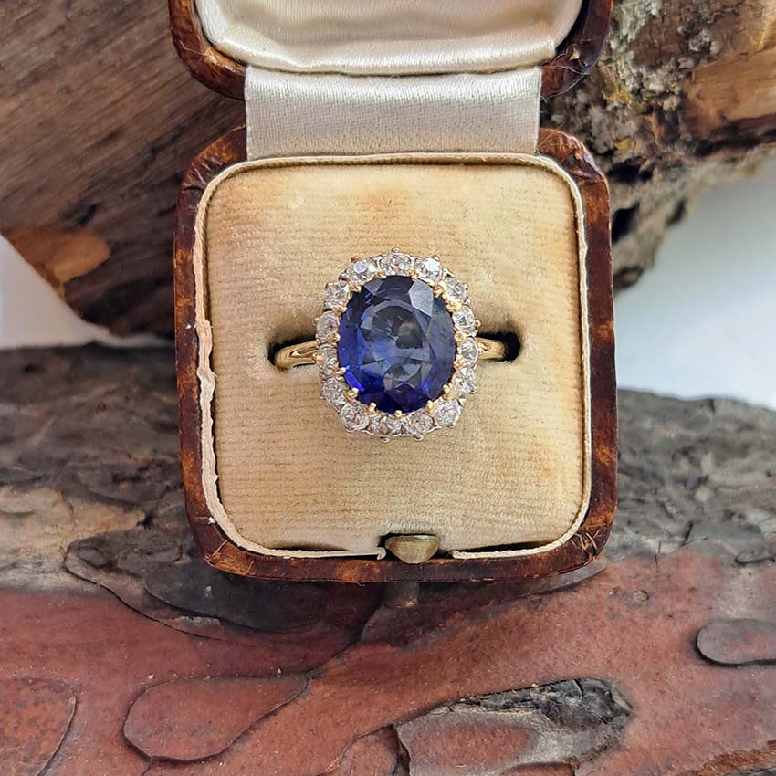 Antique Royal Blue Sapphire and Old Cut Diamond Cluster Engagement Ring
