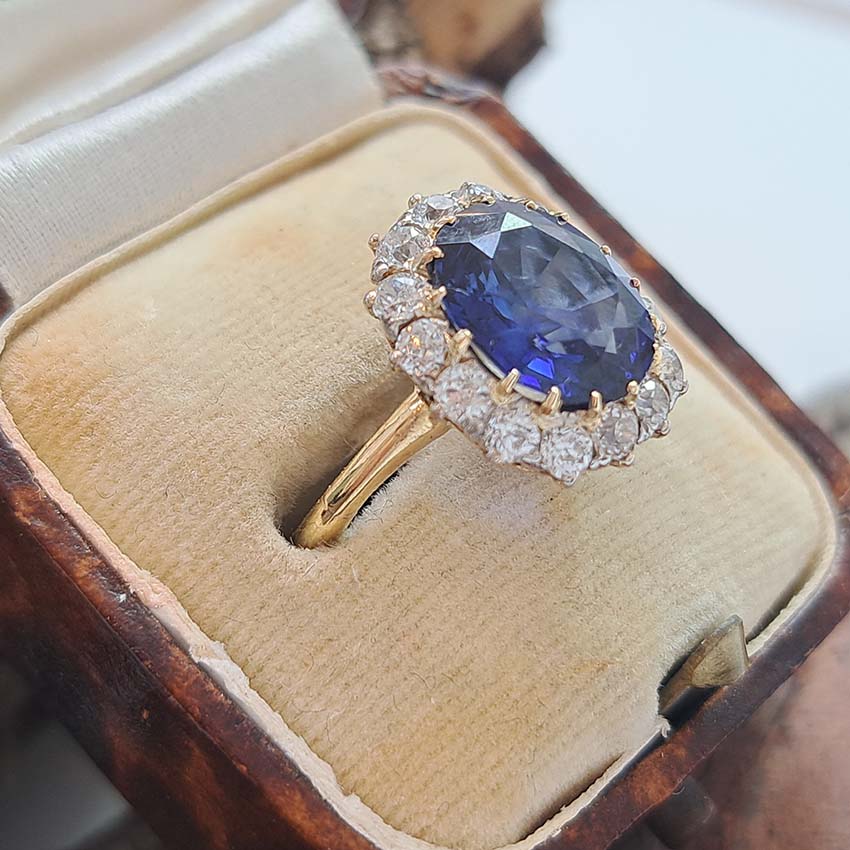 Antique Royal Blue Sapphire and Old Cut Diamond Cluster Engagement Ring
