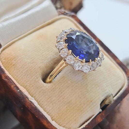 Antique Royal Blue Sapphire and Old Cut Diamond Cluster Engagement Ring